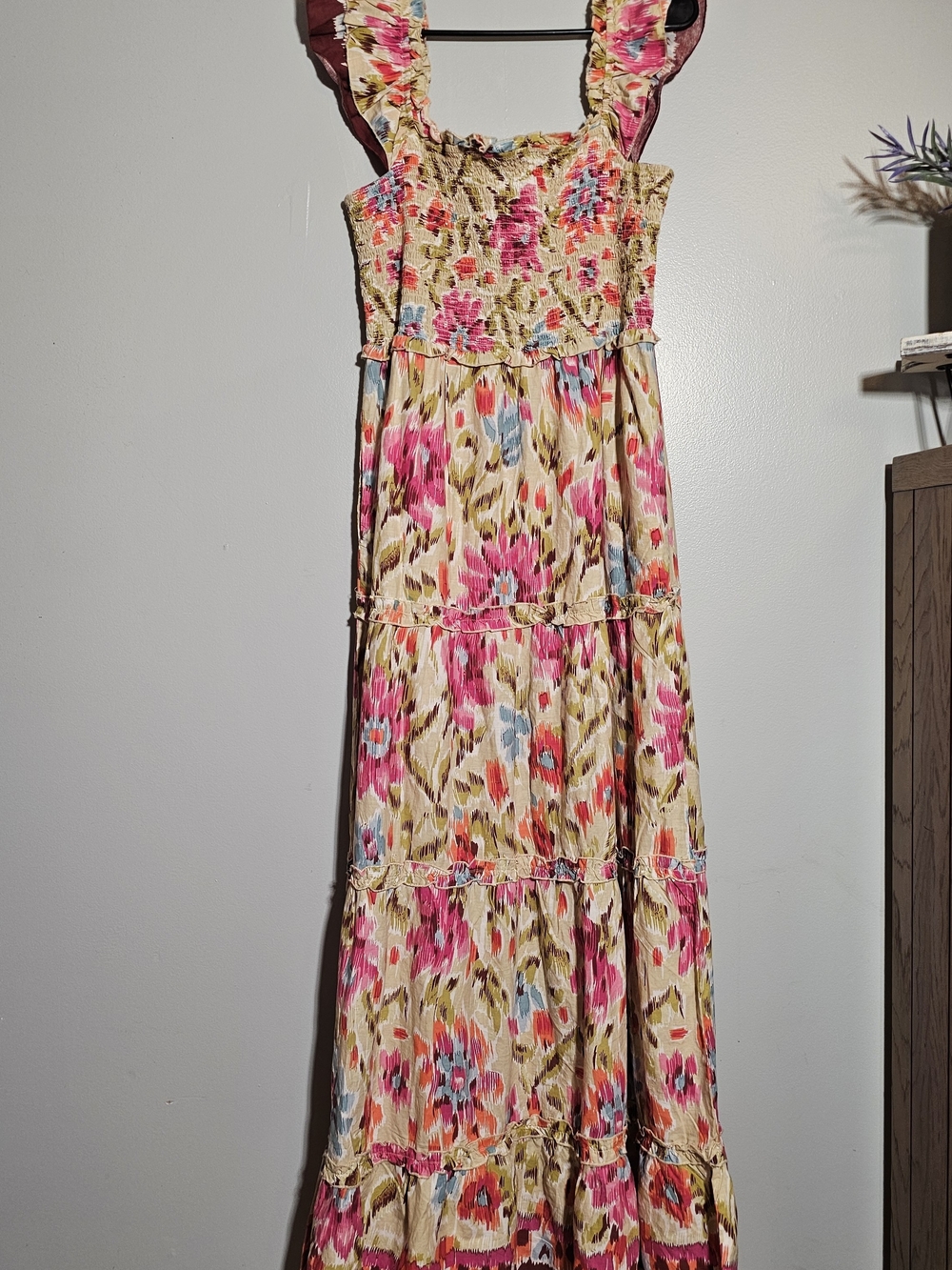 House of Harlow 1960 Smocked Floral Maxi Dress in Pink, Blue, and Cream